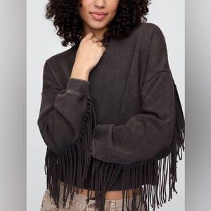 GAP Oversized Western Crewneck Sweatshirt w/ Fringe Detail, Black NWT